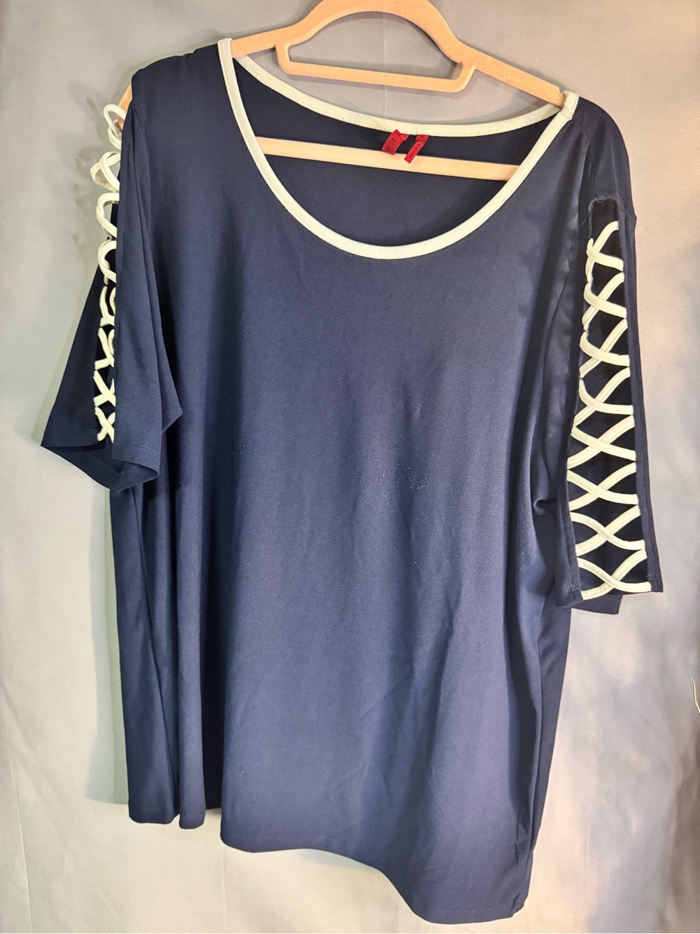 Navy Short-Sleeve Top with White Lace-Up Sleeves